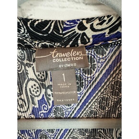 CHICO'S TRAVELERS black blue white gathered knit open front cardigan sweater 1 M - Picture 2 of 6